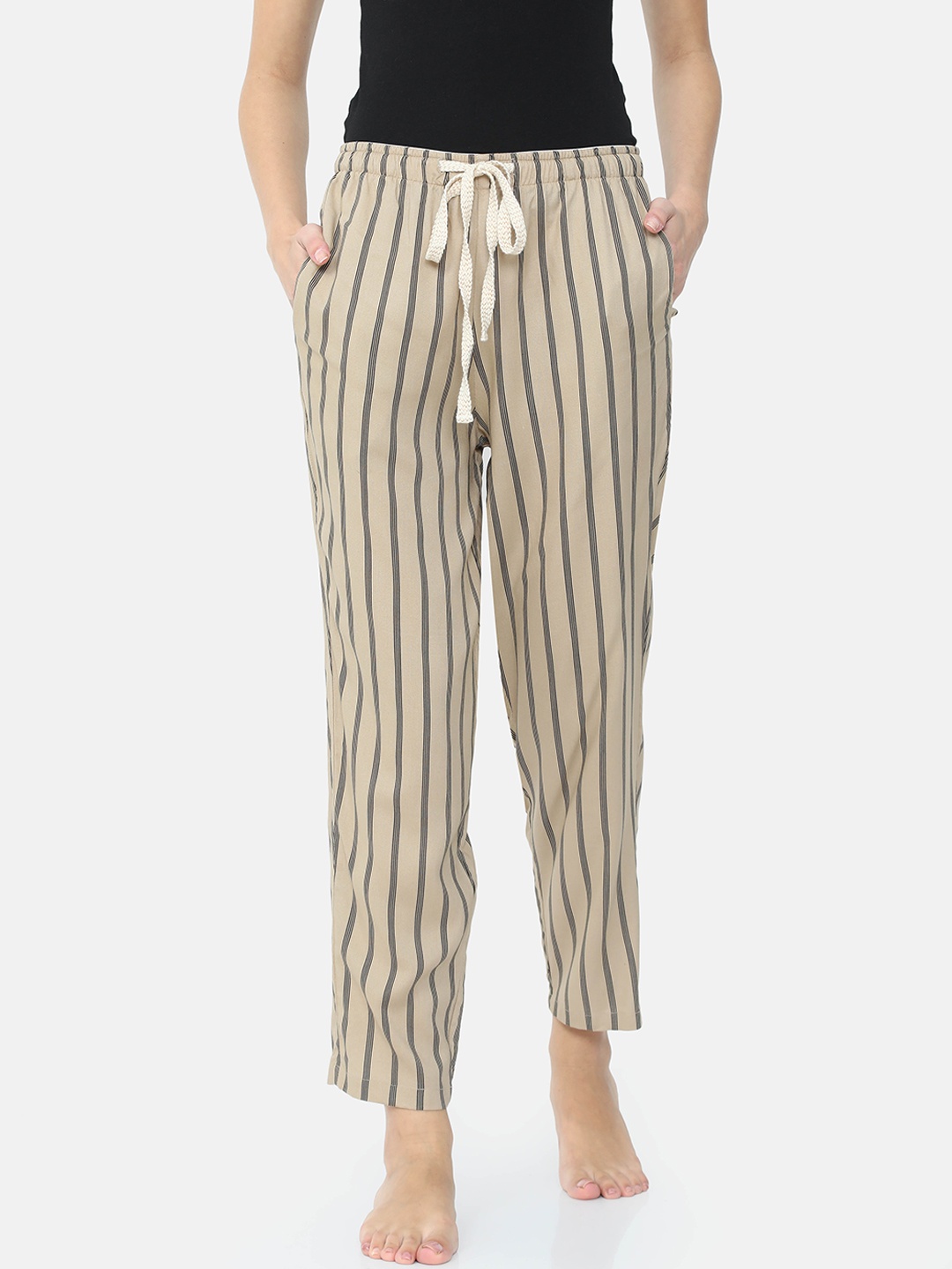

Bareblow Women Khaki & Black Striped Pure Cotton Lounge Pants