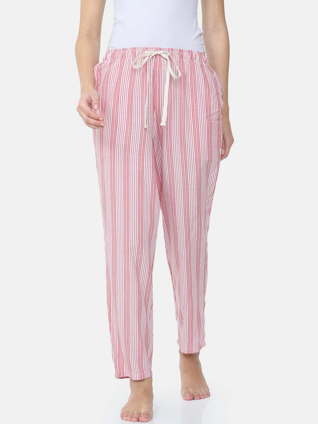 

Bareblow Women Pink & White Striped Pure Cotton Lounge Pants