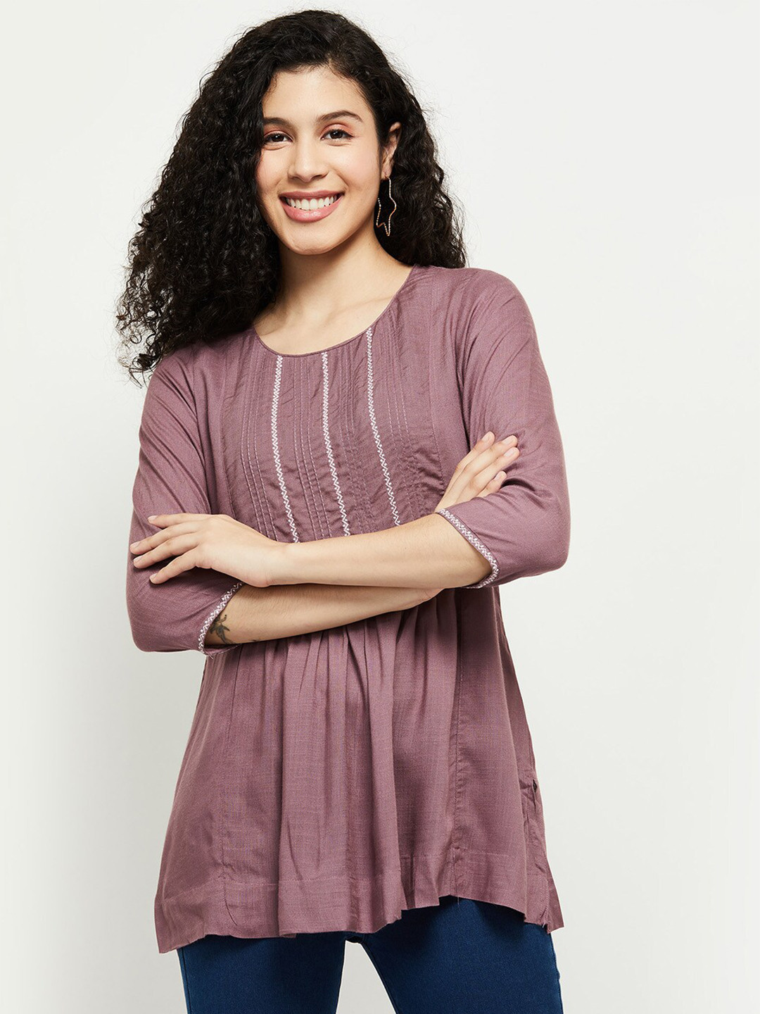 

max Purple & White Thread Work Pleated Kurti
