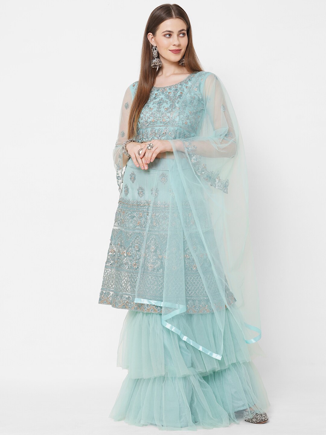 

RedRound Women Turquoise Blue Embroidered Semi Stitched Lehenga Choli with Dupatta