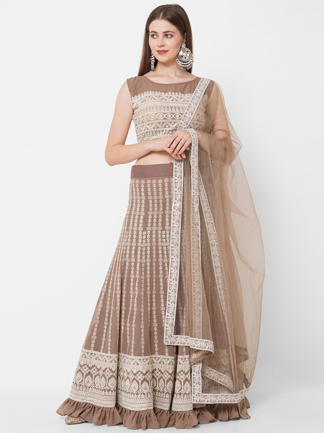 

RedRound Brown & Silver-Toned Embroidered Thread Work Semi-Stitched Lehenga & Unstitched Blouse With Dupatta