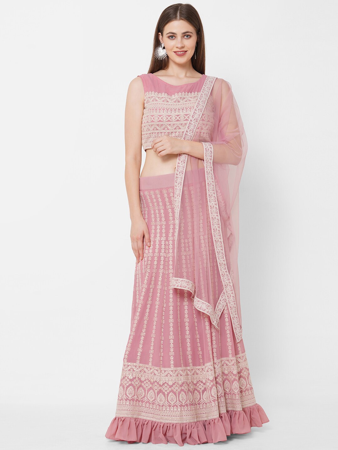 

RedRound Pink & Beige Embroidered Semi-Stitched Lehenga & Unstitched Blouse With Dupatta