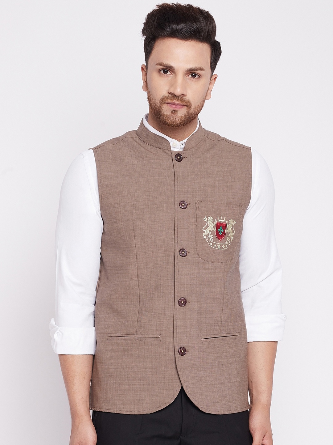 

even Men Brown Solid Woven Nehru Jacket