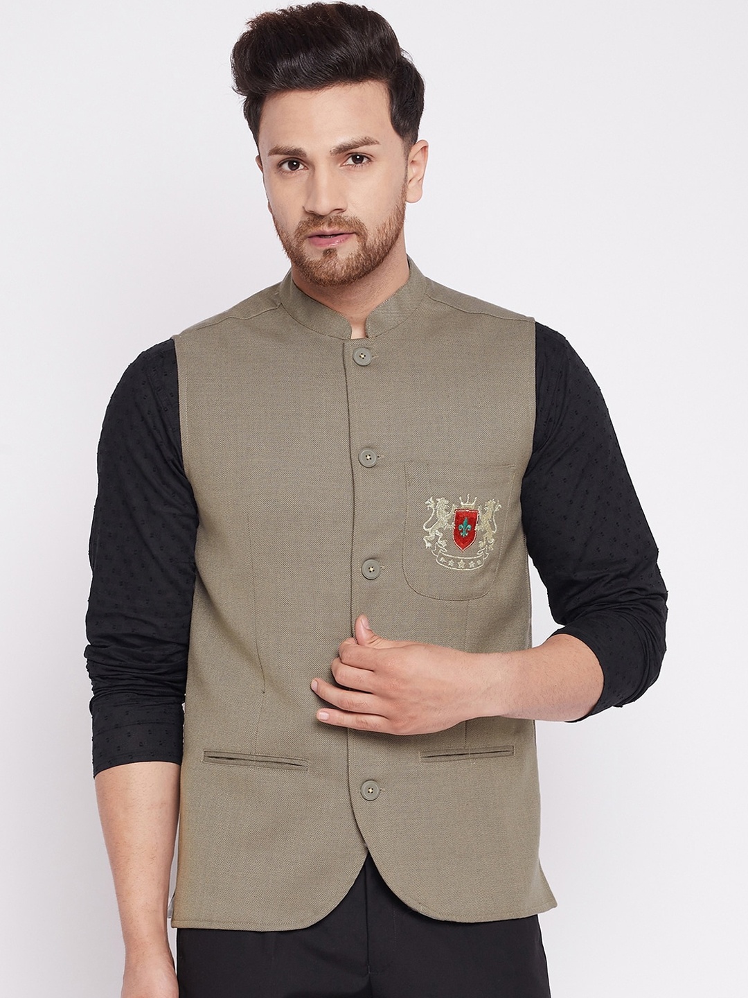 

even Men Cream-Coloured Solid Woven Nehru Jacket