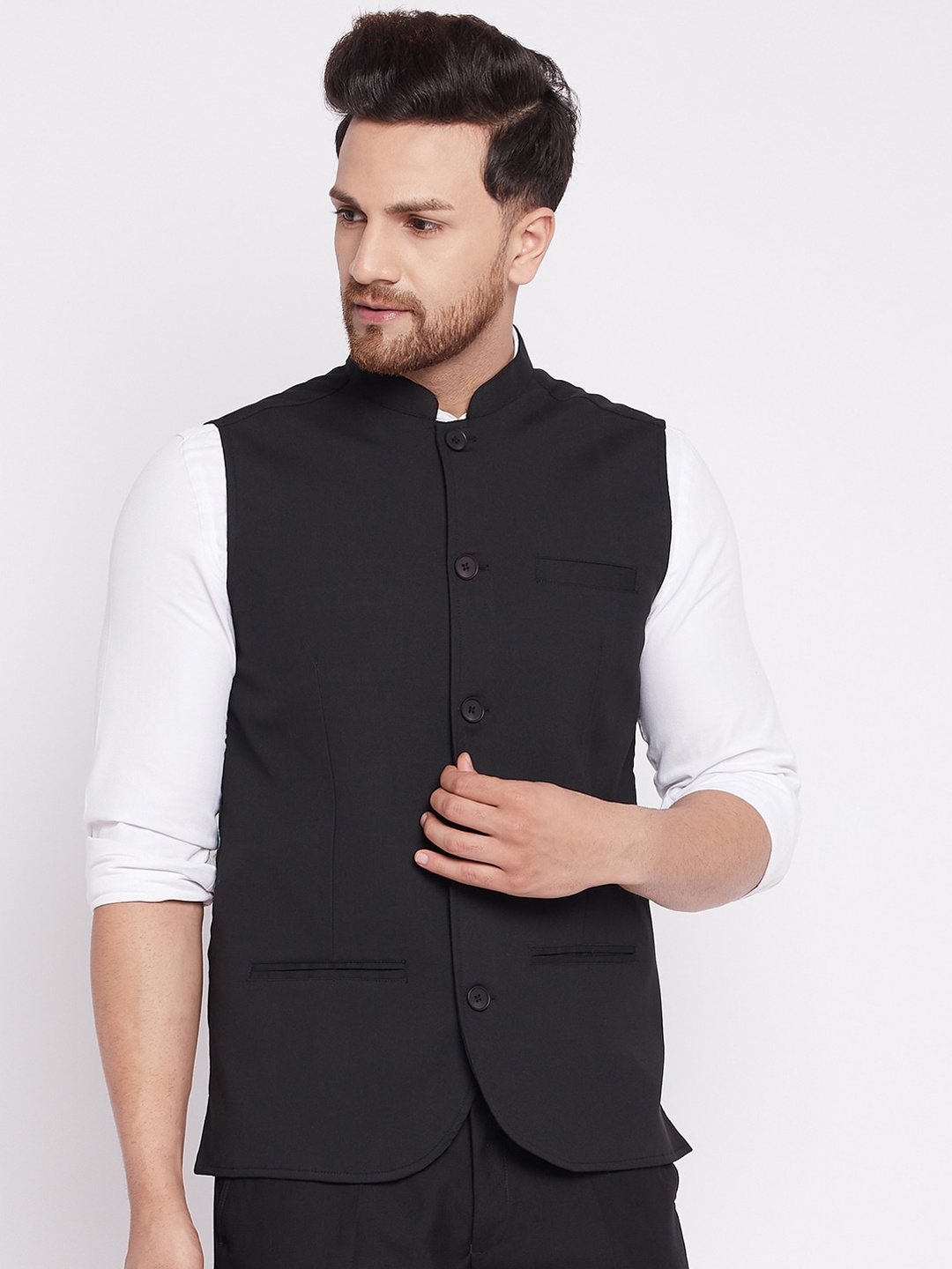 

even Men Black Solid Nehru Jacket With Welt Pockets