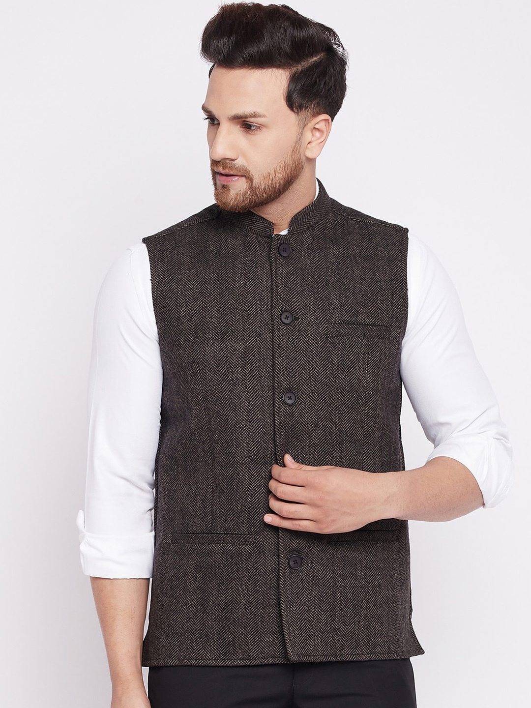 

even Men Brown & Black Woven-Design Nehru Jacket