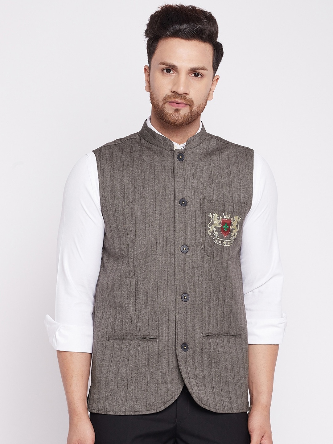 

even Men Brown Striped Woven Nehru Jackets with Welt Pockets