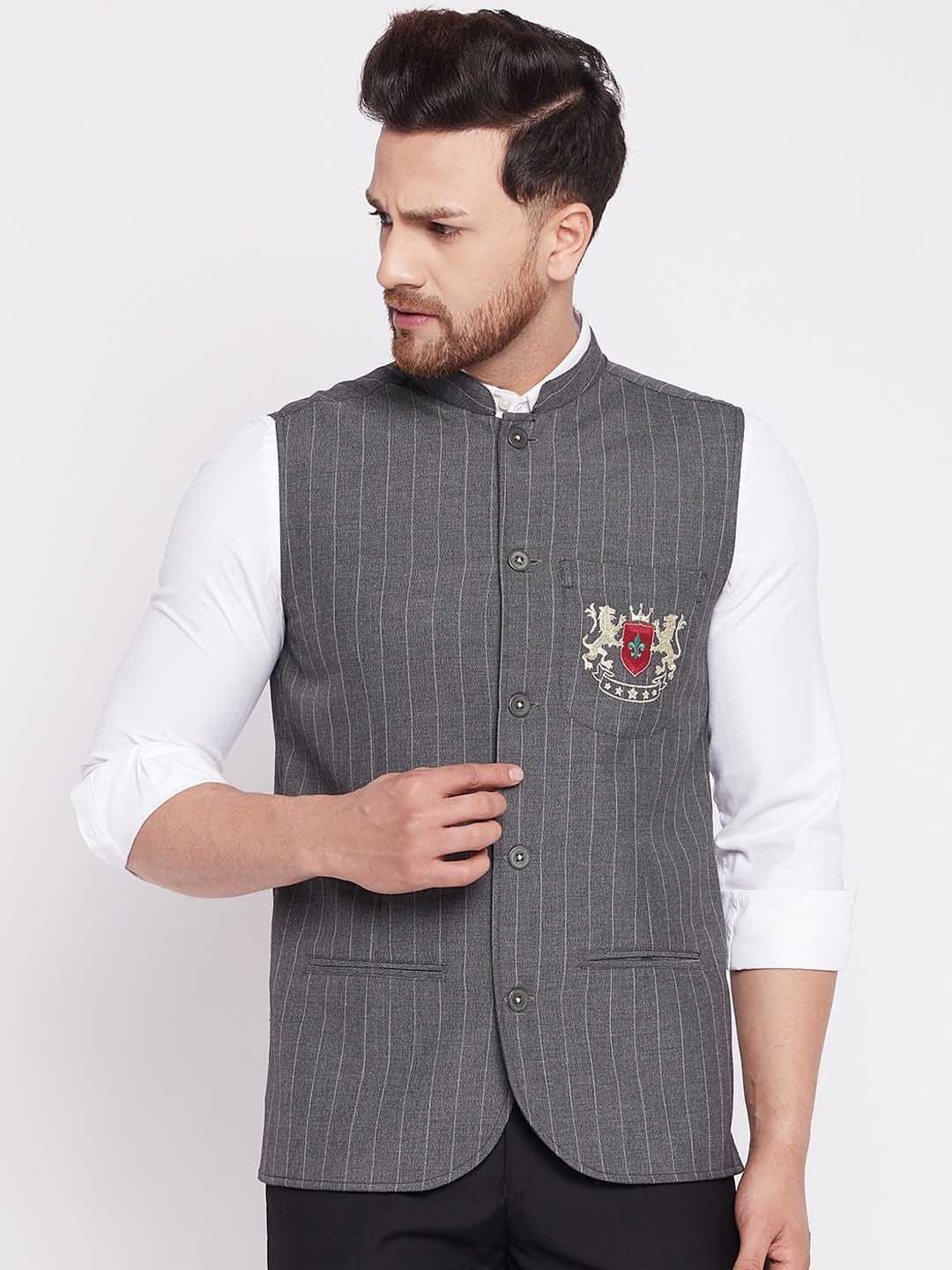 

even Men Grey Striped Woven Nehru Jacket