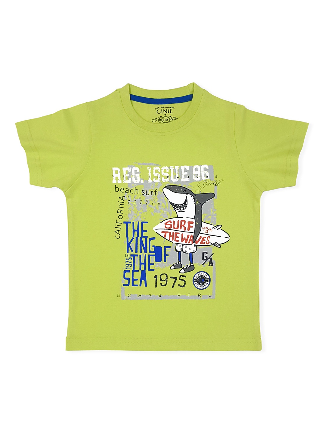 

Ginie Boys Fluorescent Green Printed Cotton T-shirt