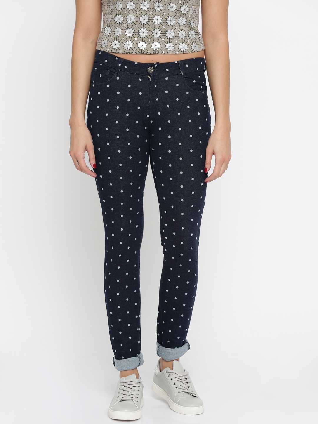 

AND Women Navy Polka Dot Print Chinos, Navy blue