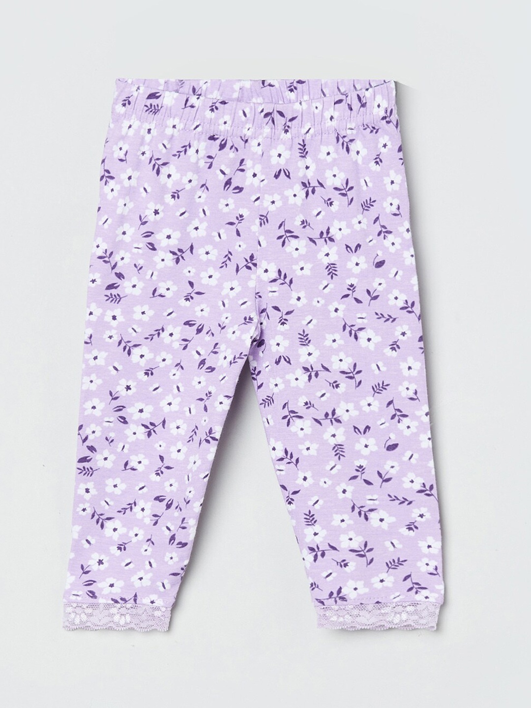

max Infant Girls Purple & White Floral Printed Ankle-Length Leggings