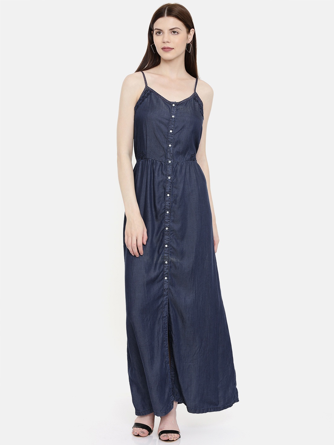 

AND Women Navy Blue Solid Denim Maxi Dress