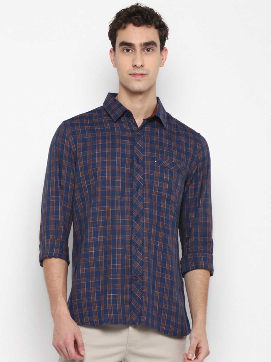 

Red Chief Men Navy Blue Opaque Checked Cotton Casual Shirt