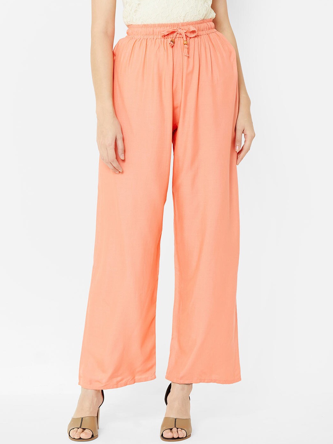 

ZOLA Women Peach-Coloured Loose Fit Pleated Parallel Trousers