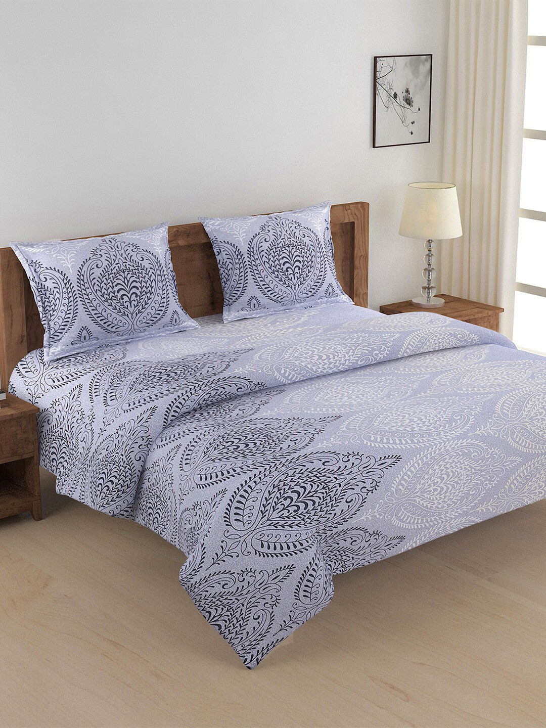 

SWAYAM Blue & White Printed Cotton Double King Bedding Set