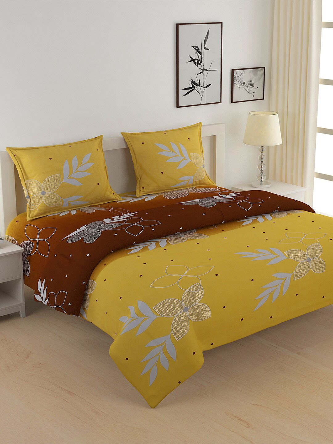

SWAYAM Yellow & Brown 4 Pc Printed Bedding Set