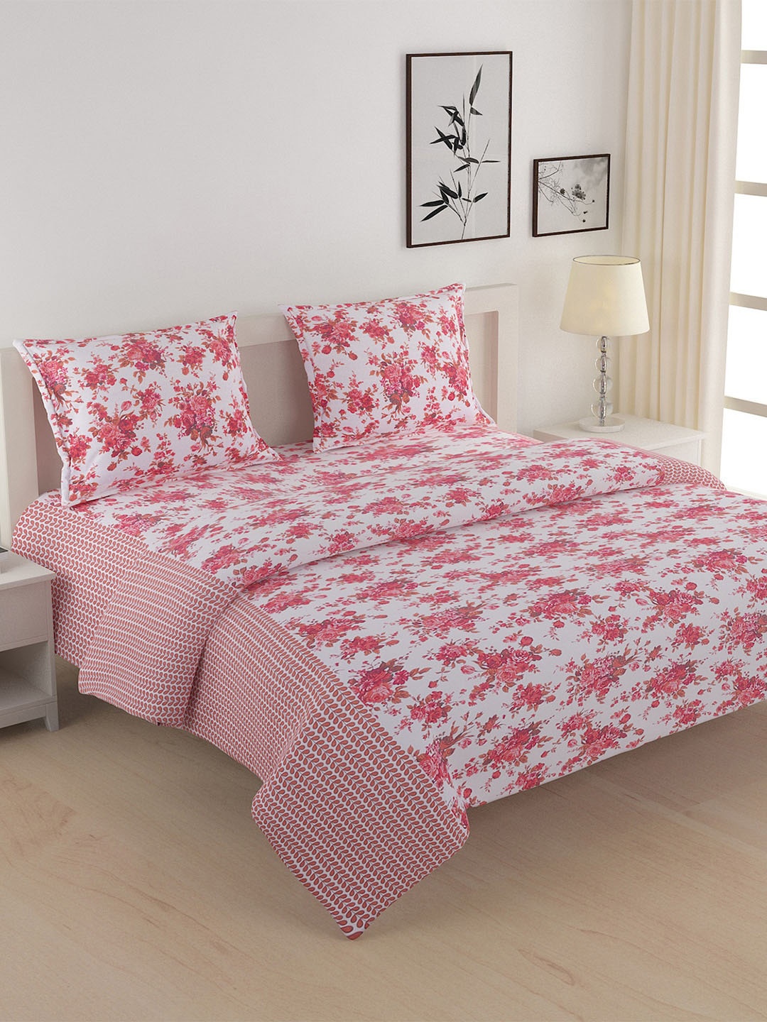 

SWAYAM White Floral Printed 144 TC Cotton Double King Bedding Set