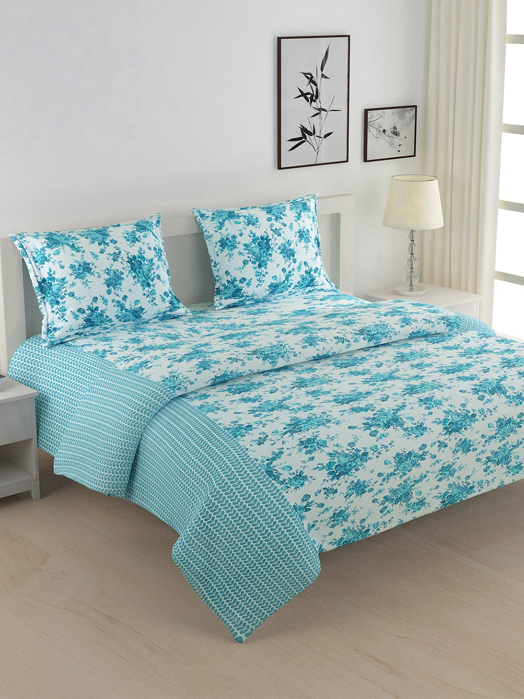 

SWAYAM Blue & White Floral Printed 144 TC Cotton Double King Bedding Set