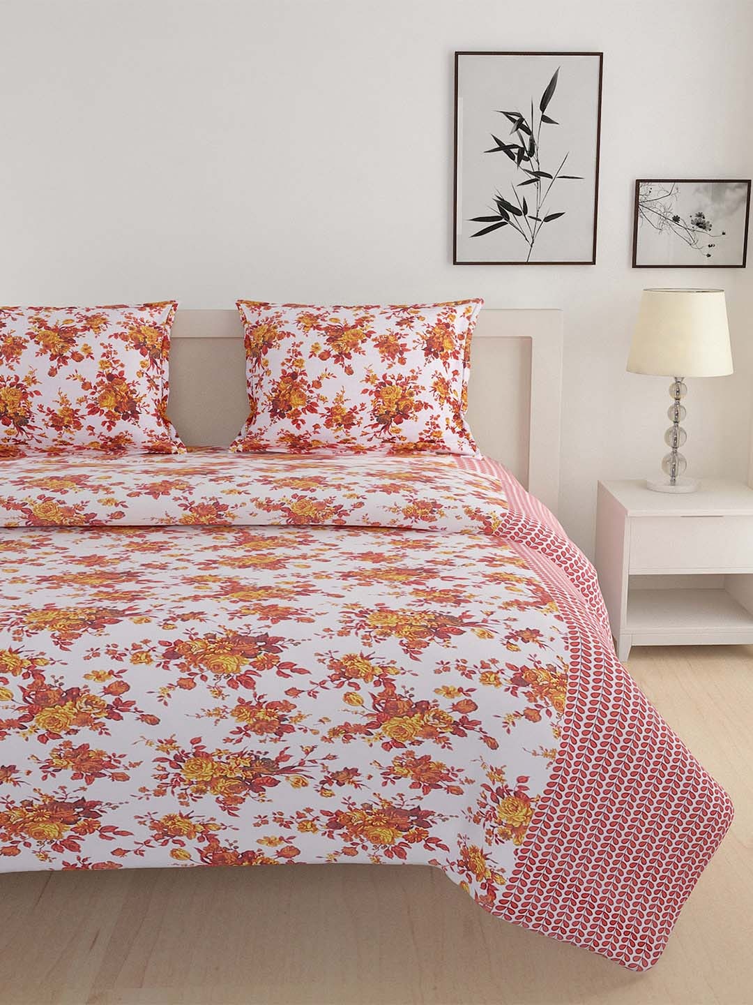 

SWAYAM White & Pink Printed Cotton Bedding Set