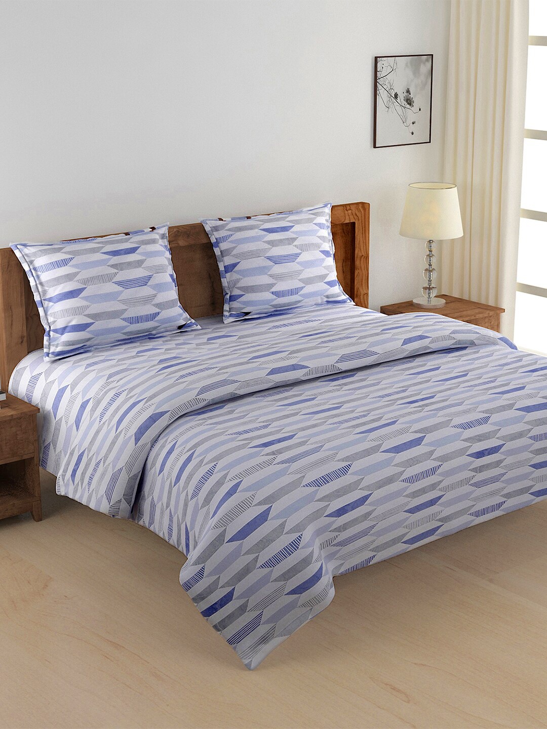 

SWAYAM White & Blue Printed Cotton Bedding Set