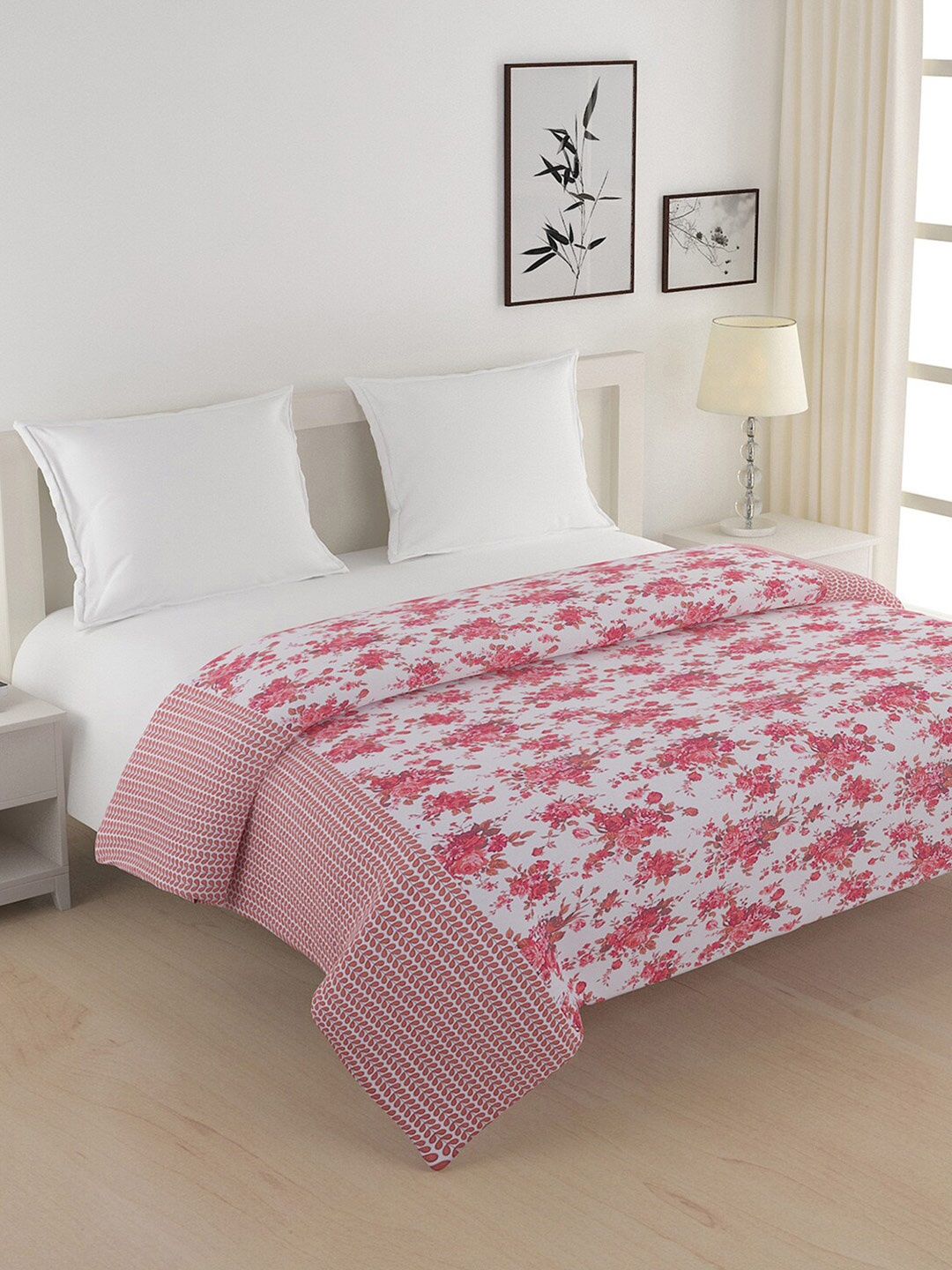 

SWAYAM White & Pink Floral AC Room 150 GSM Cotton Double Bed Comforter