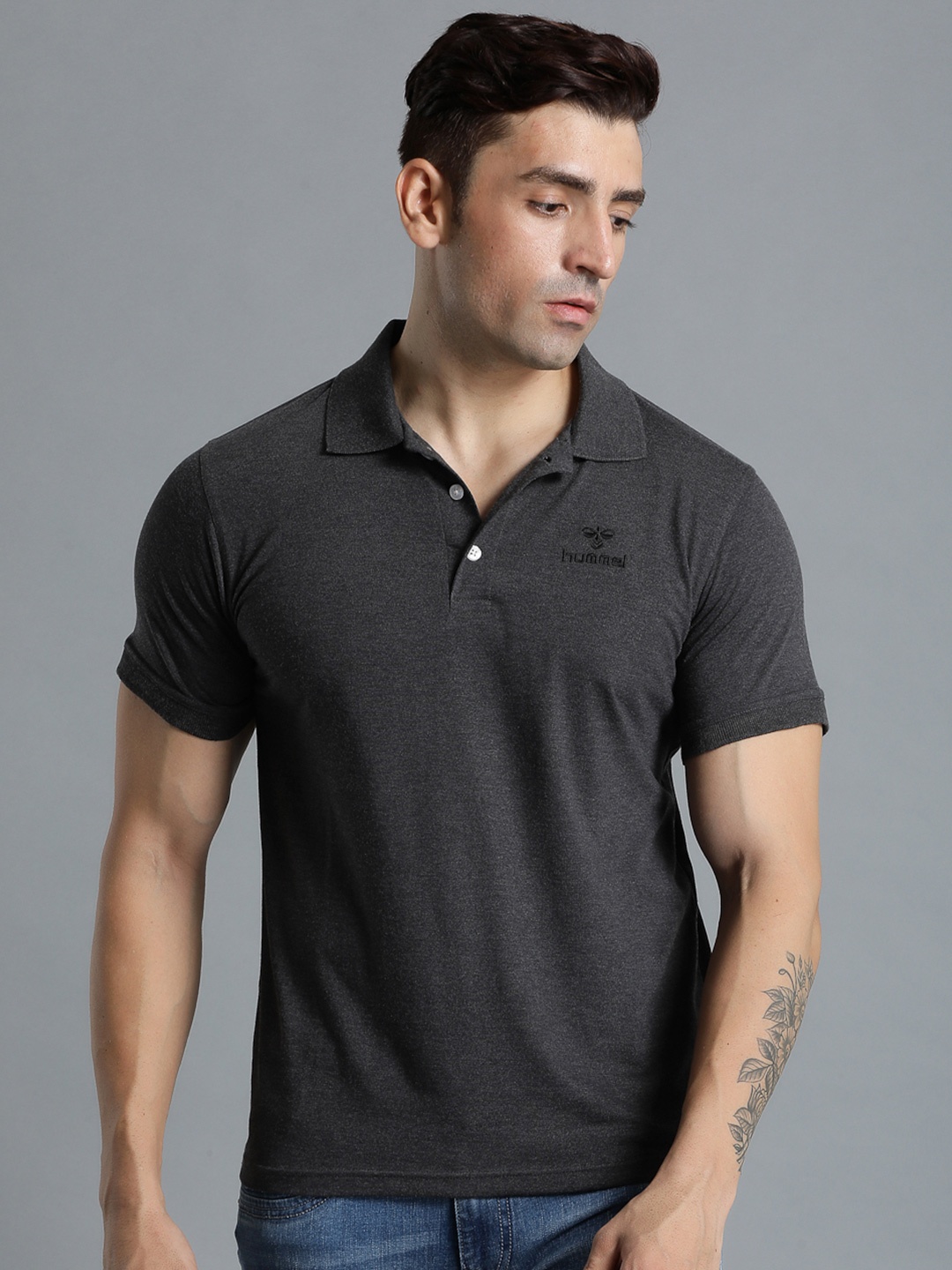 

hummel Men Black Polo Collar T-shirt