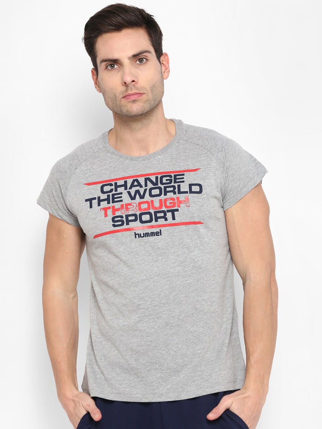 

hummel Men Grey Melange Printed Pure Cotton T-shirt