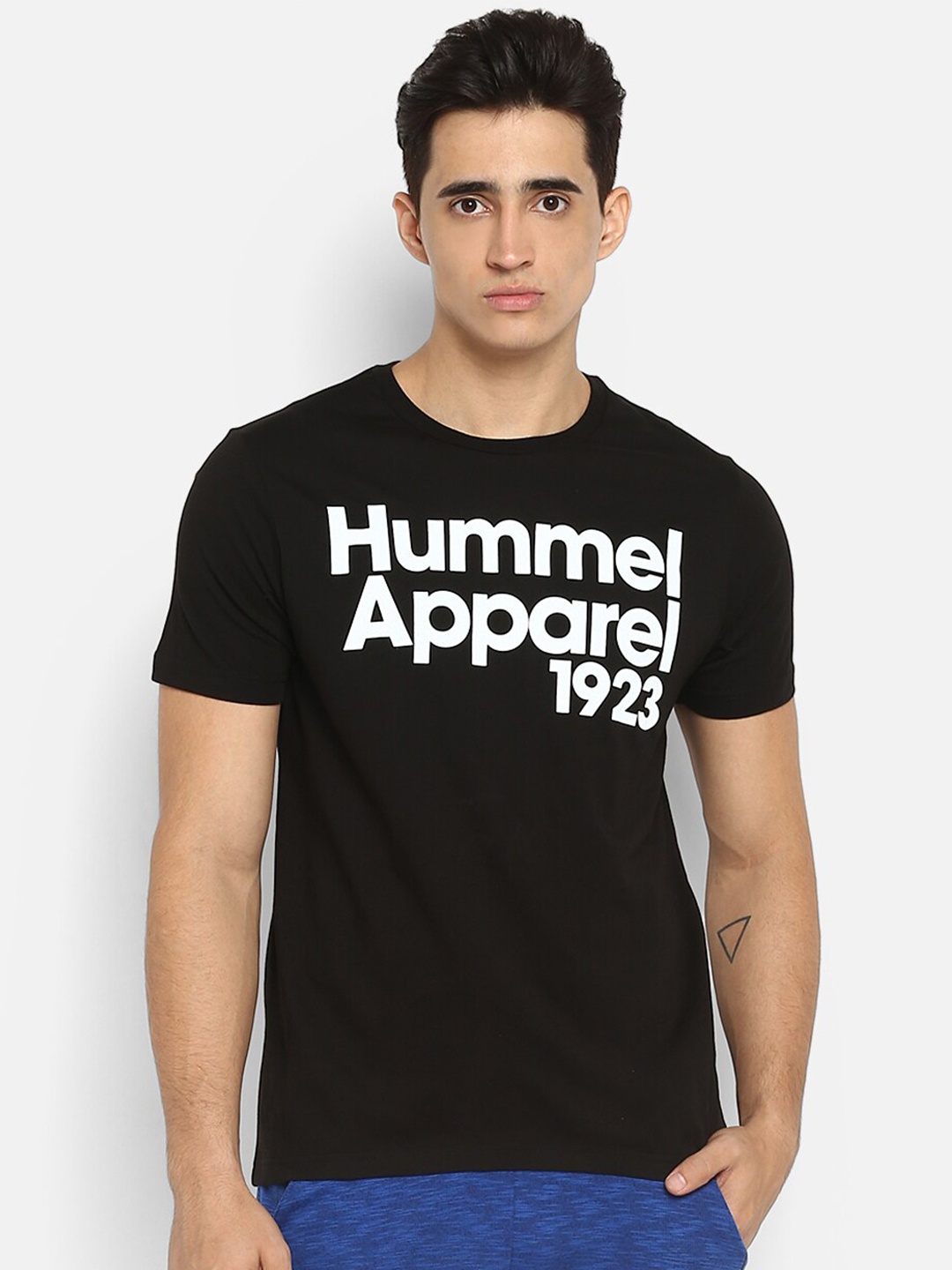 

hummel Men Black Brand Logo Printed Pure Cotton T-shirt