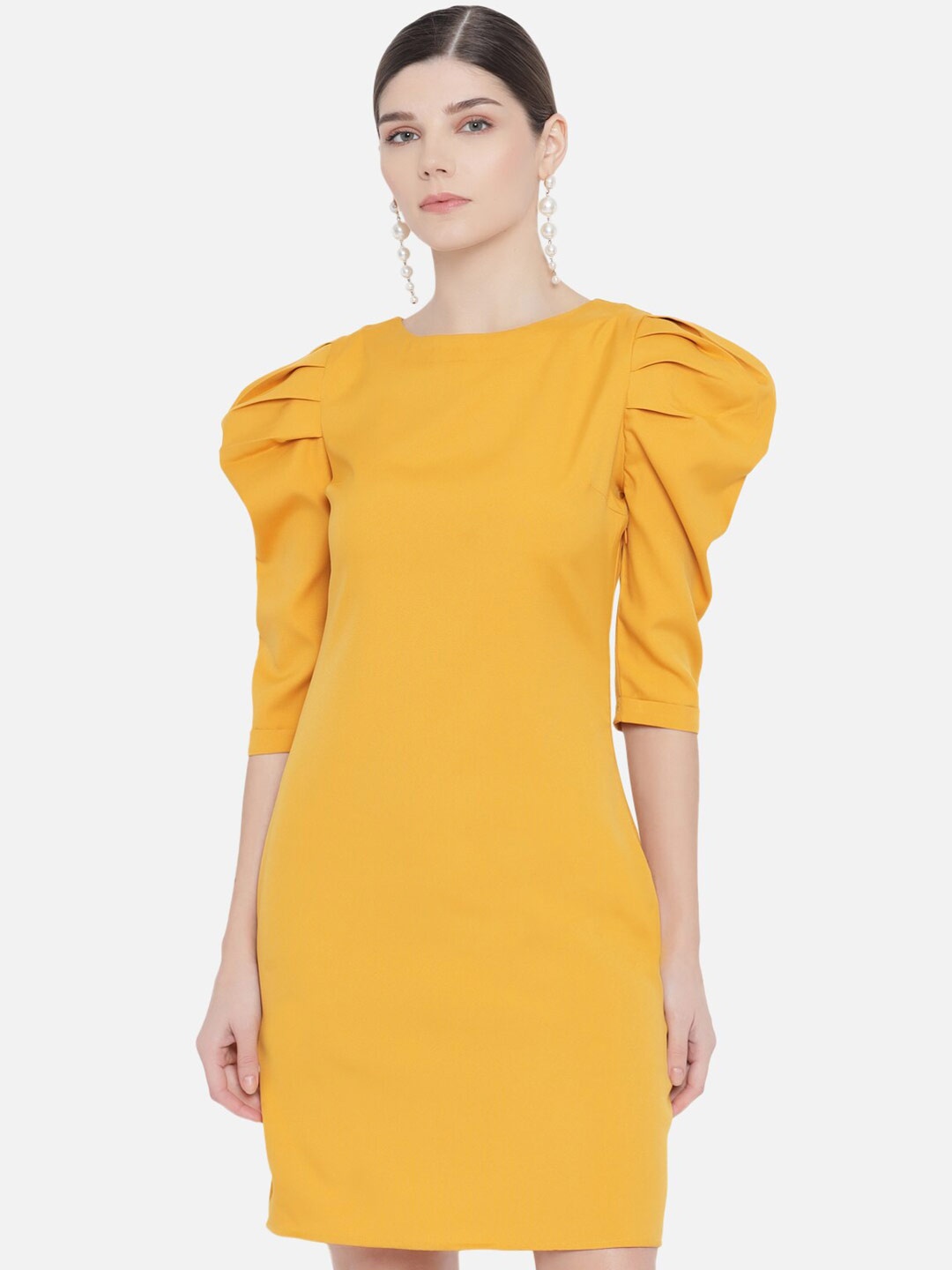 

Samshek Mustard Yellow Puff Sleeves Sheath Dress