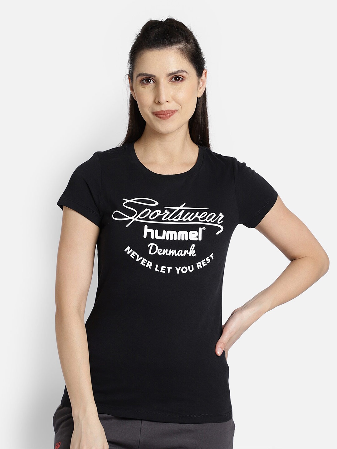 

hummel Women Black & White Typography Printed Pure Cotton T-shirt
