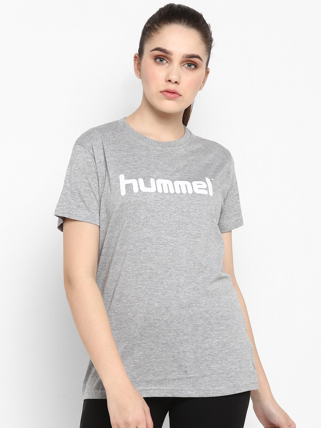 

hummel Women Grey Melange Printed Pure Cotton T-shirt