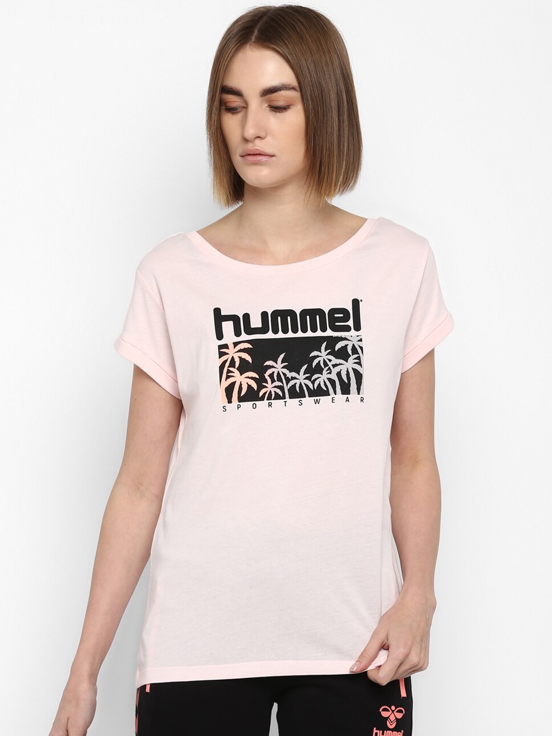 

hummel Women Pink Brand Logo Printed Extended Sleeves Pure Cotton T-shirt