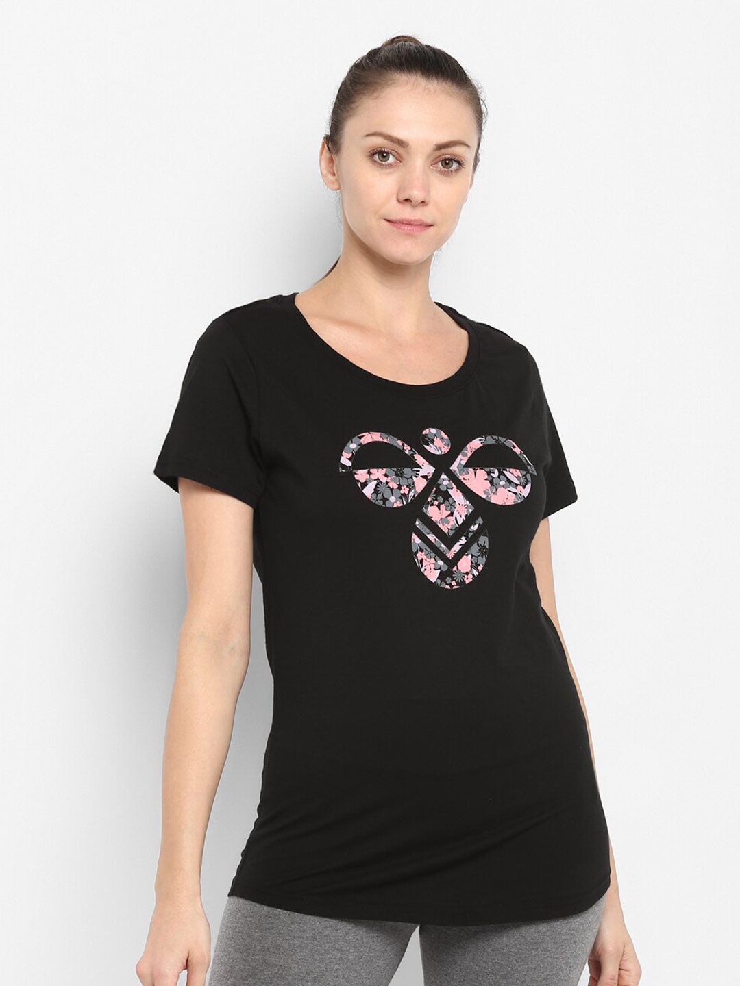 

hummel Women Black & Pink Brand Logo Printed Pure Cotton T-shirt