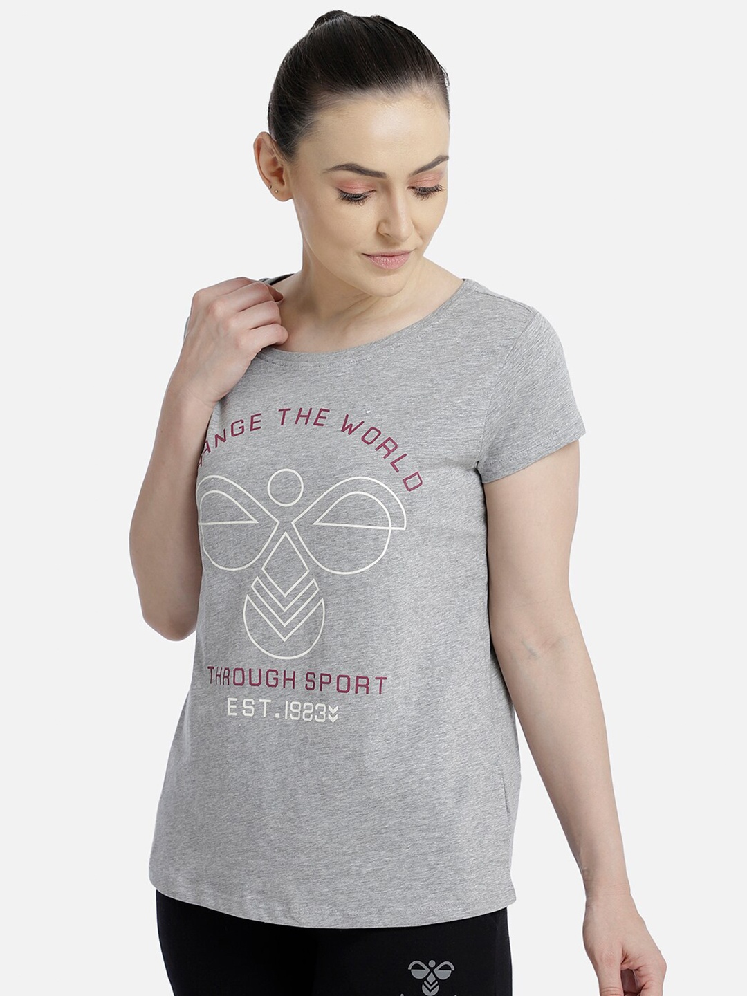 

hummel Women Grey Melange & White Typography Printed Pure Cotton T-shirt