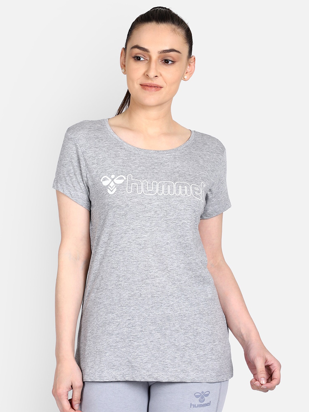 

hummel Women Grey Melange Brand Logo Printed Pure Cotton T-shirt