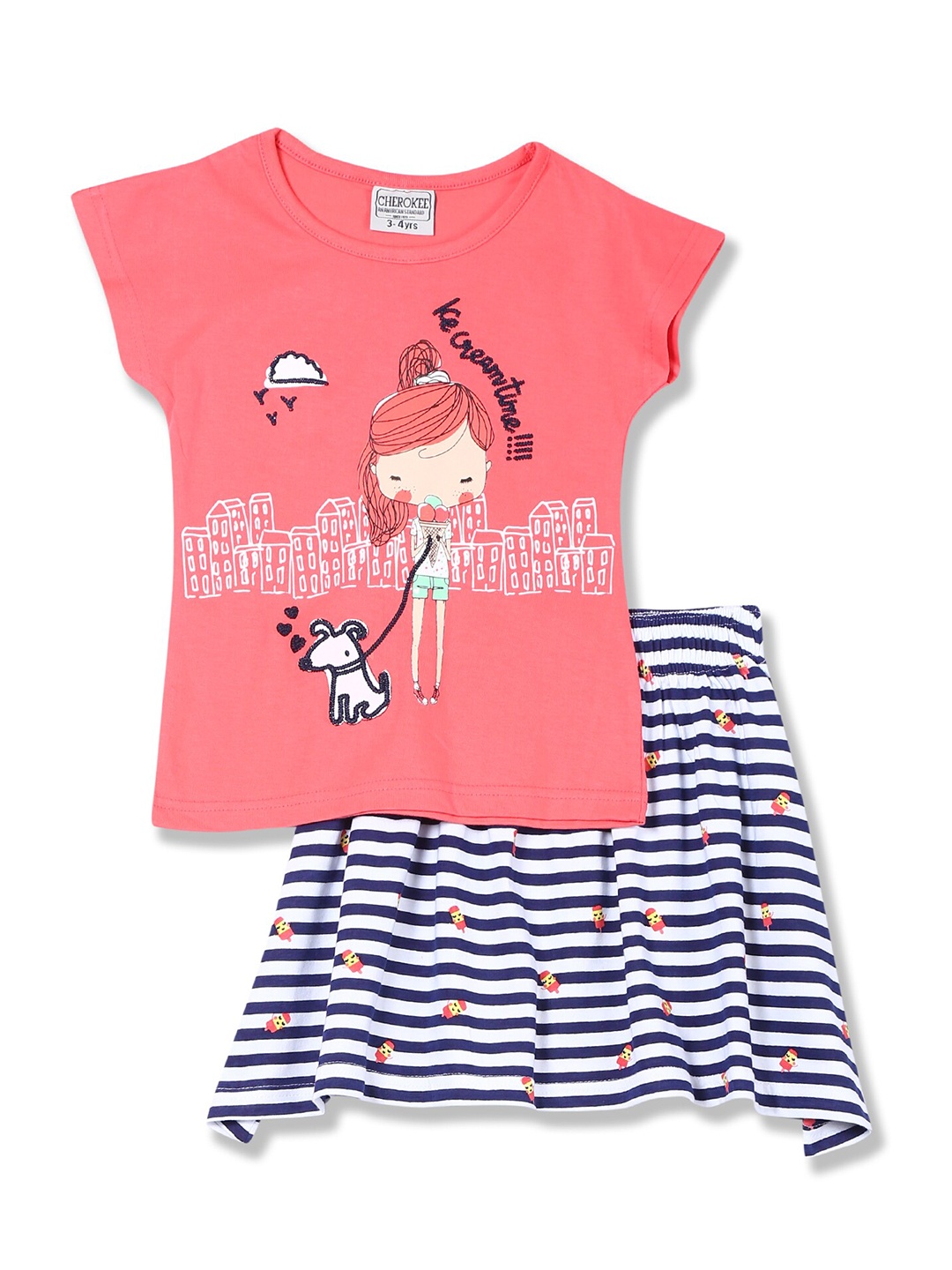 

Cherokee Girls Coral & Navy Blue Printed Pure Cotton T-shirt with Skirt
