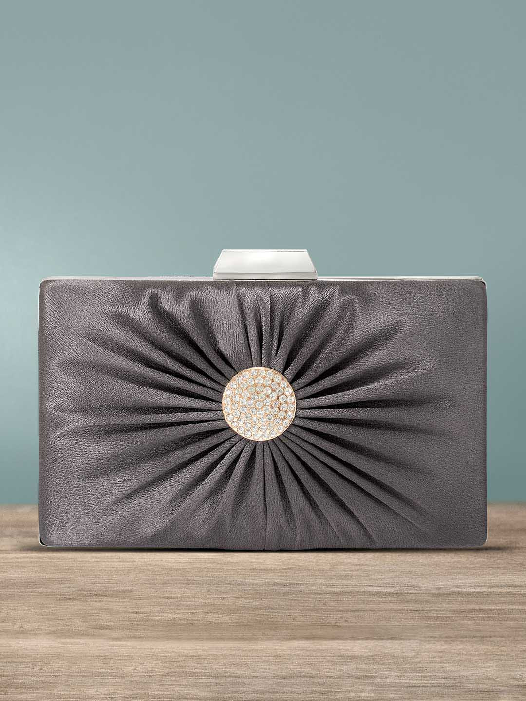

Peora Grey & Gold-Toned Embellished Purse Clutch