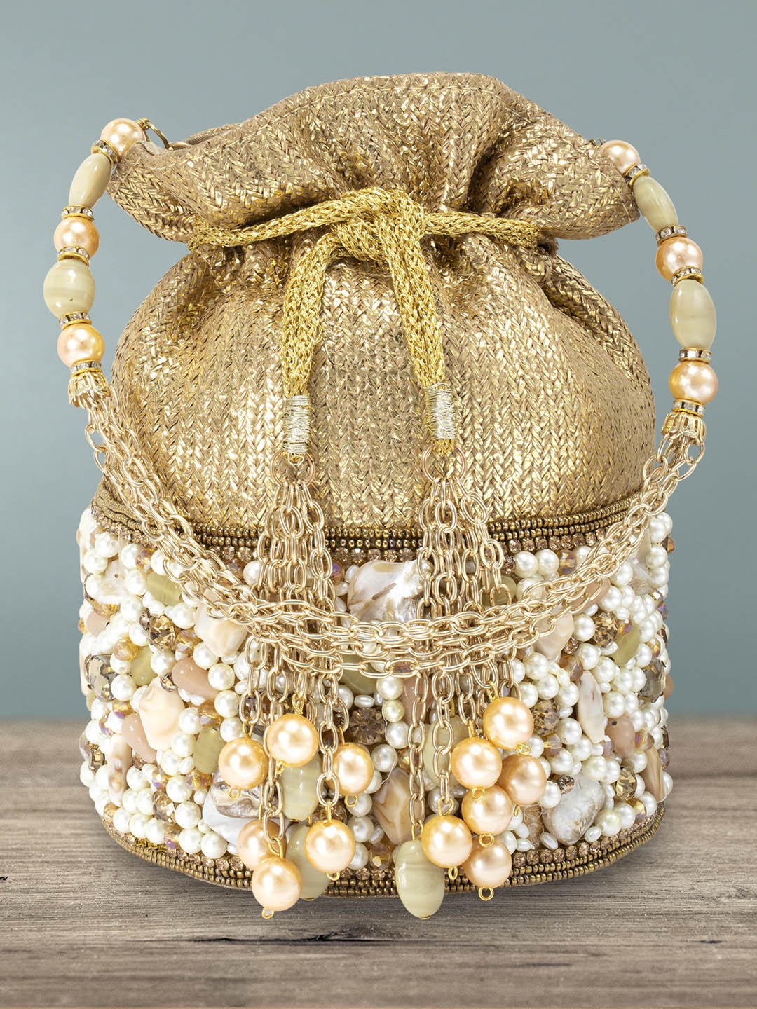 

Peora Women Gold-Toned & White Embroidered Potli Clutch