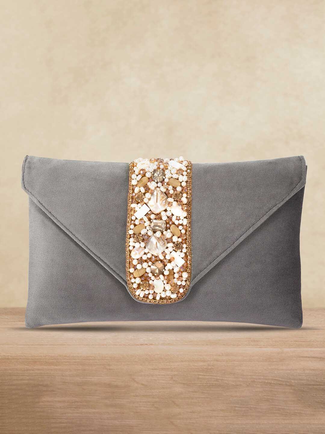 

Peora Grey & Gold-Toned Embellished Purse Clutch