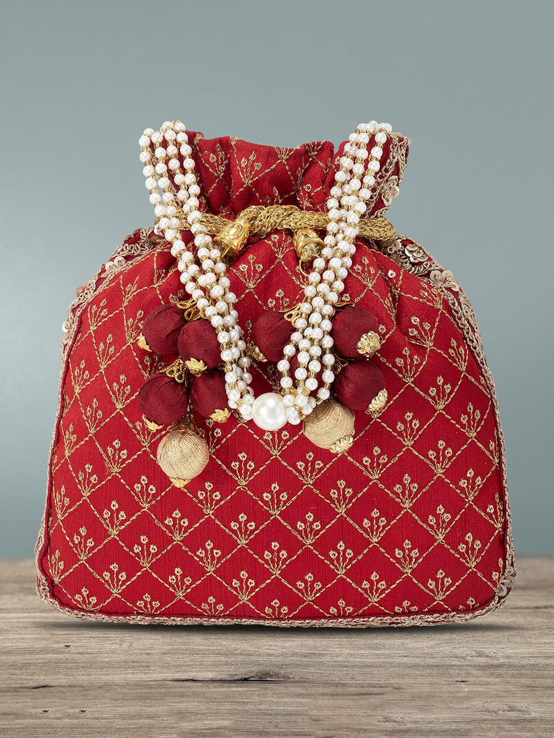 

Peora Red & Gold-Toned Embroidered Potli Clutch