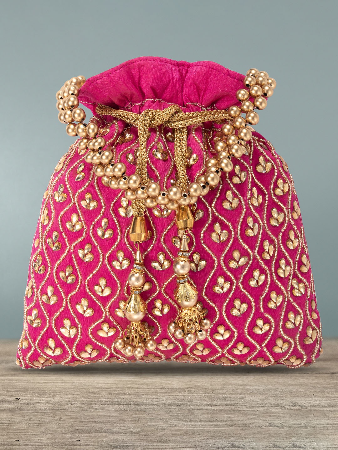 Peora Women Magenta & Gold-Toned Embroidered Potli Clutch