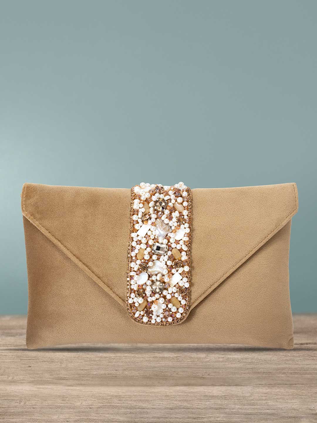 

Peora Brown & Gold-Toned Embellished Purse Clutch