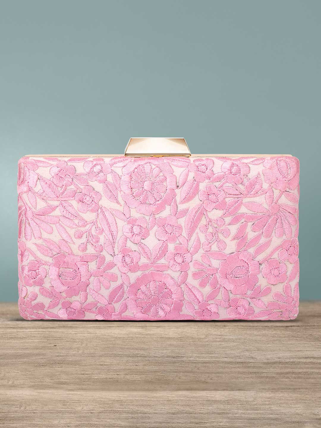 

Peora Women Pink & Gold-Toned Embroidered Box Clutch