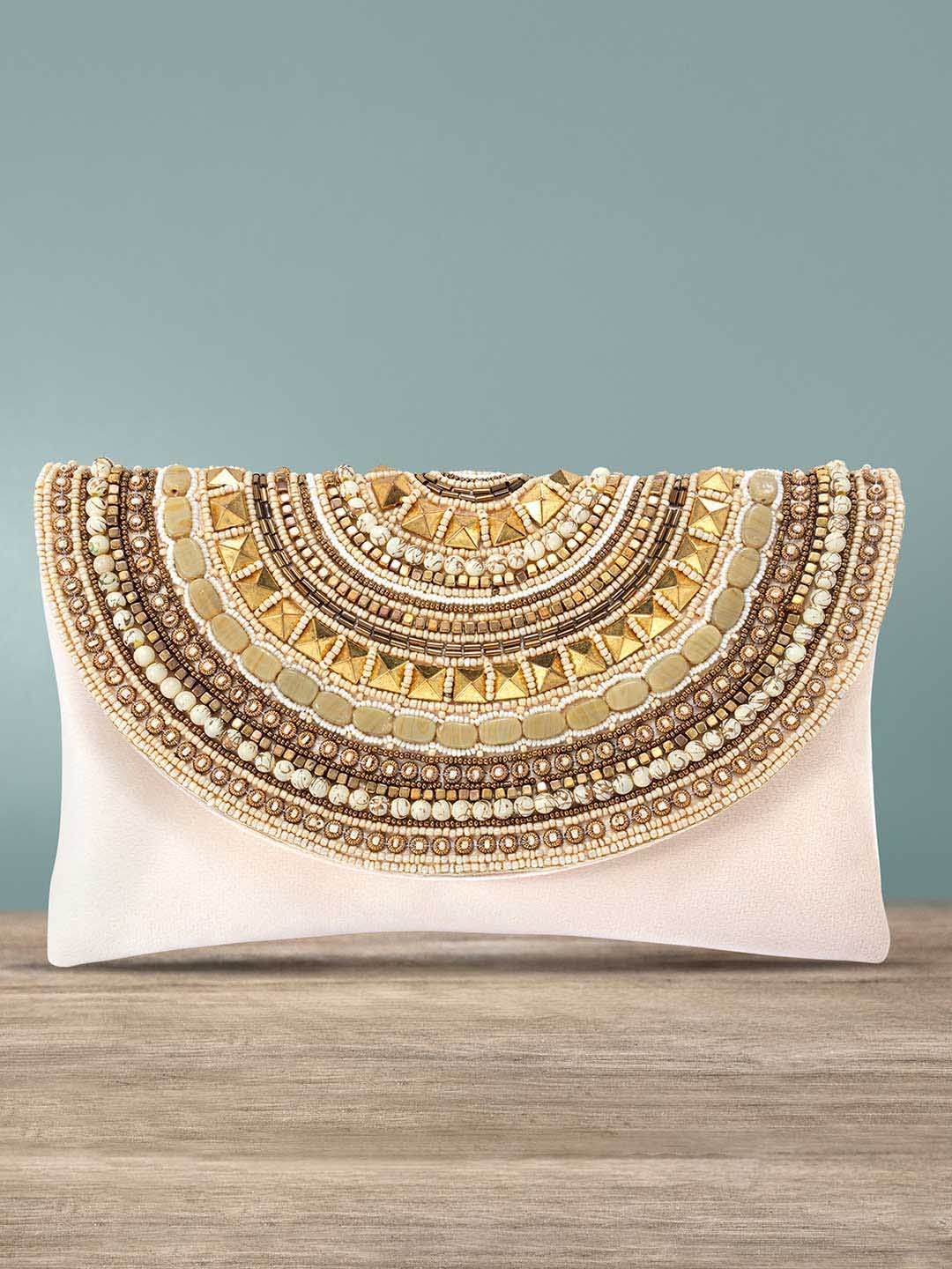 

Peora Cream-Coloured & Gold-Toned Embellished Wedding Envelope Clutch