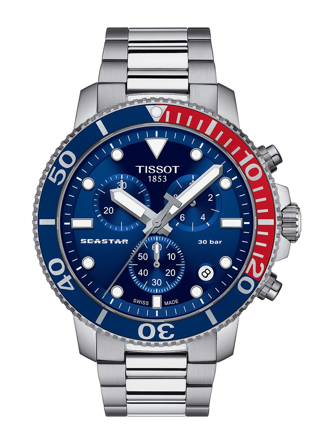 

TISSOT Men Blue Printed Dial & Grey Stainless Steel Bracelet Straps Analogue Chronograph Watch T1204171104103