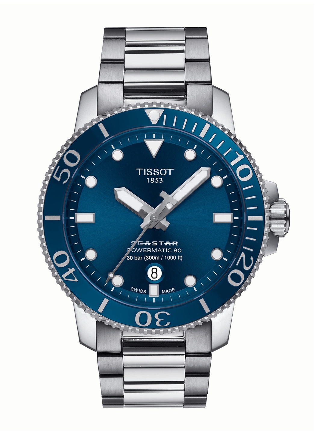 

TISSOT Men Blue Embellished Dial & Silver Toned Stainless Steel Bracelet Style Straps Analogue Automatic Watch