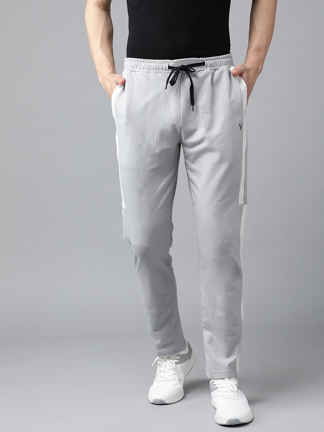 

Van Heusen Sport Men Grey Solid Pure Cotton Track Pants with Side Stripes