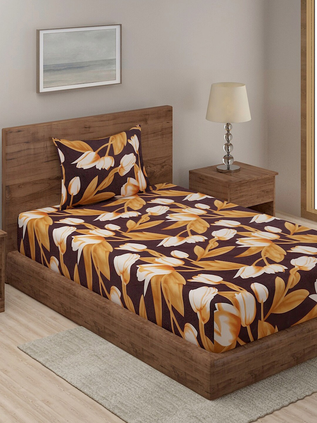 

TAG 7 Brown & Mustard Geometric 210 TC Single Bedsheet with 1 Pillow Covers