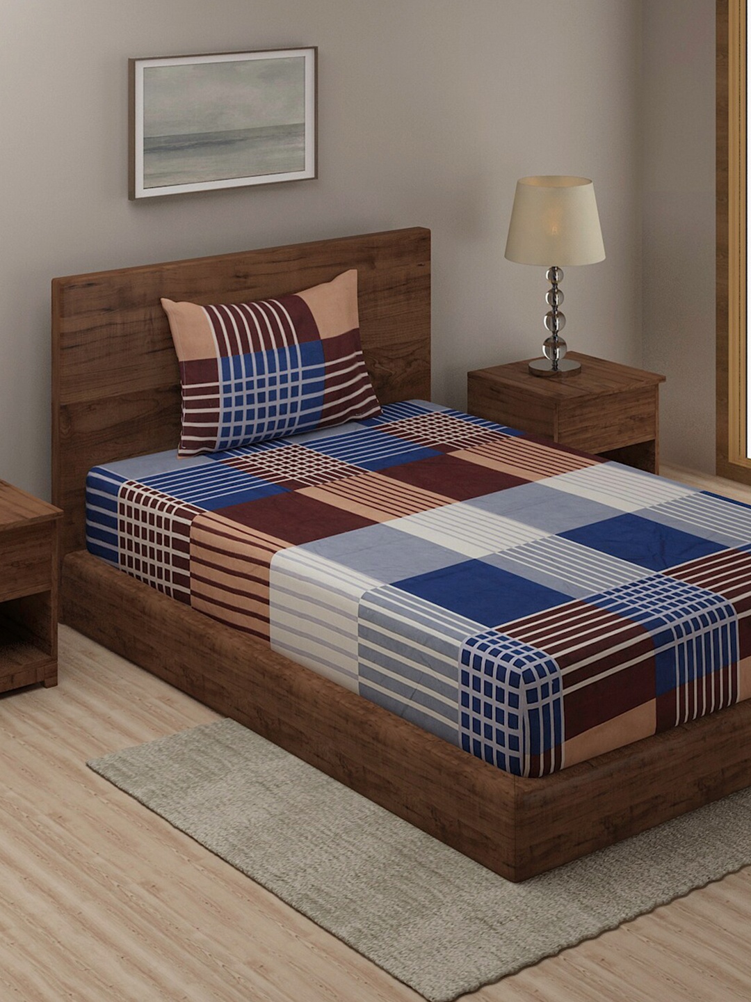 

TAG 7 Blue & Brown Geometric 210 TC Cotton Single Bedsheet with 1 Pillow Cover