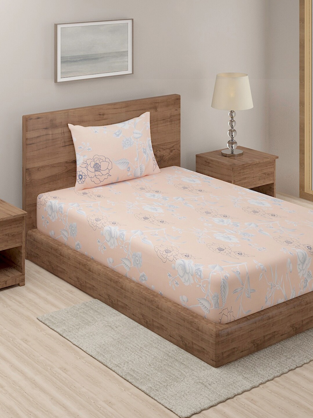 

TAG 7 Peach-Coloured & Blue Geometric 210 TC Single Bedsheet with 1 Pillow Covers